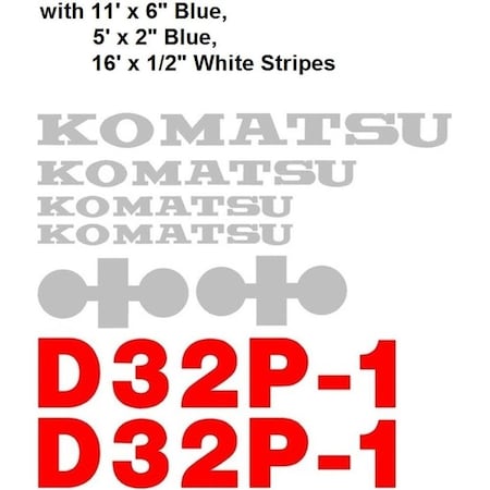 Aftermarket D32P-1 New Komatsu Dozer Decal Set with 1 White Stripe & 2 Blue Stripes KOMD32P-1WSDECALSET